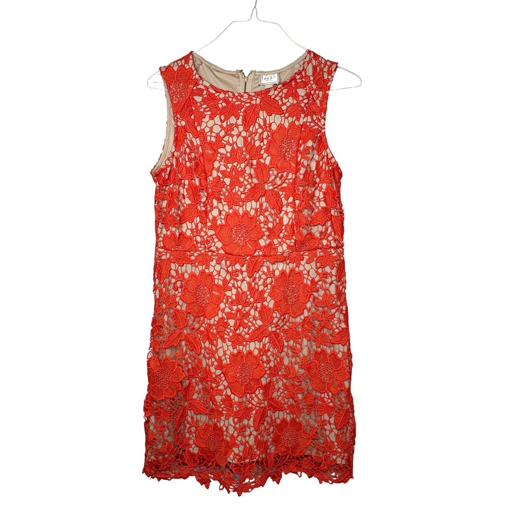 ECI New York Orange Lace Dress Sleeveless Sheath Nude Lining Size 14 Cocktail
